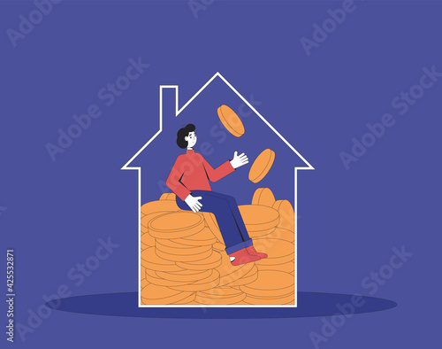 Saving to buy a house. REIT investment. Man with pile of money. Vector line art illustration.