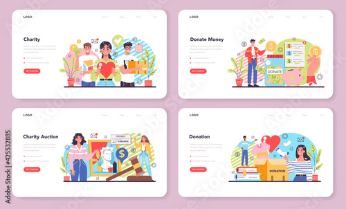Charity web banner or landing page set. People or volunteer donate