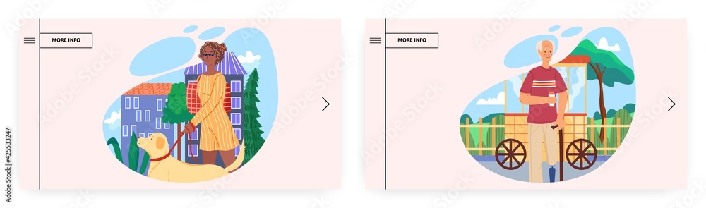 Fototapeta premium Mobility aids landing page design, website banner vector template set. Disabled people using artificial leg, guide dog.