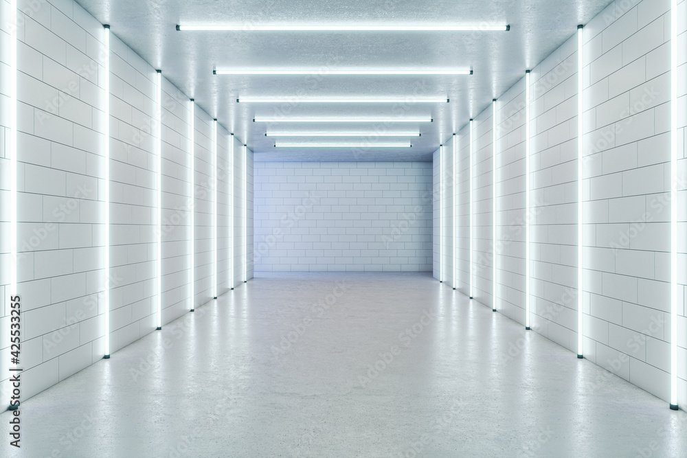 Empty long white gallery with fluorescent lights and a blank white wall in the background, concrete floor and brick walls, interior design and showroom concept. 3d rendering, mock up