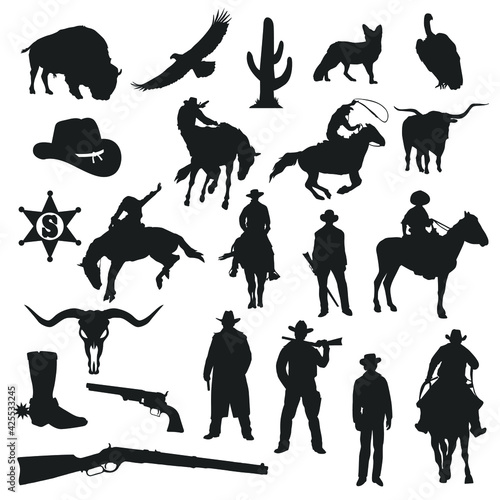 Cowboy Silhouette Design Clip Art Vector. Western Illustration Icons Sheriff and Horse Collection.