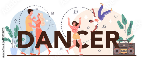 Dancer typographic header. Choreographer in a dance studio. Dancing courses