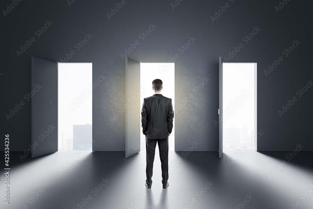 Choice concept with businessman in front of three opened doors