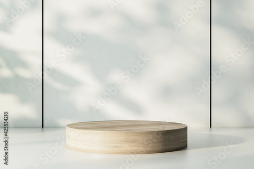 Empty wooden round podium on warm shadow surface at sunny wall backdrop. 3D rendering, mockup