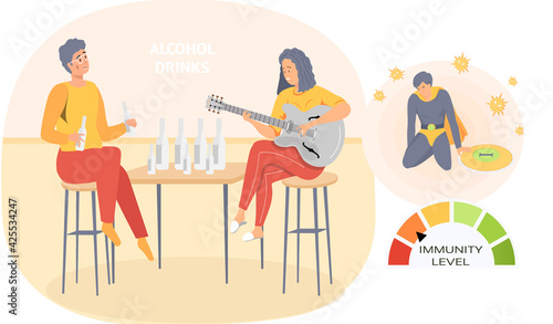 Addicted musician with alcohol drinks plays guitar for guy. Immunity level decreases due to drinking