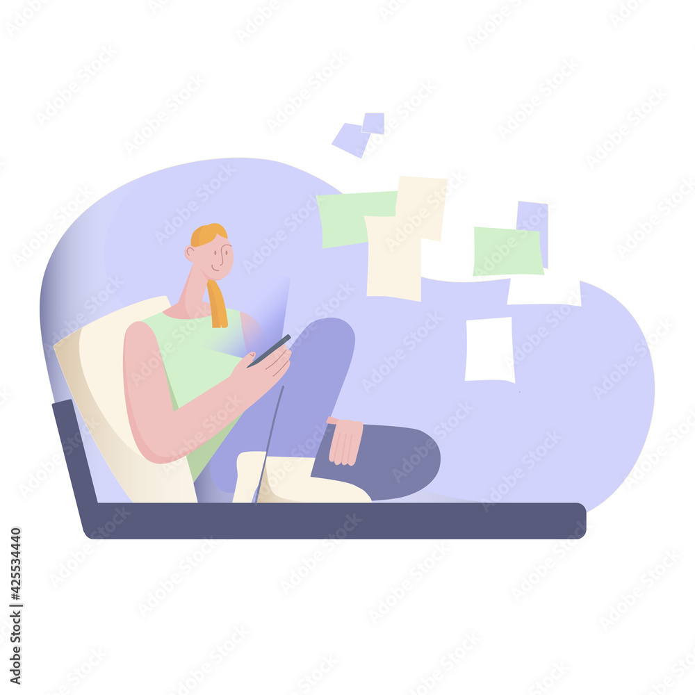 A young girl on a blue bed leans on a pillow and looks at the phone. Purple colors. Vector flat illustration