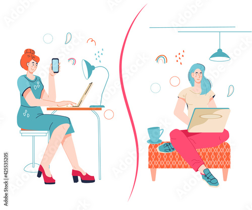 Freelancer vs office work concept with women working at home and in office. Comparing remote work with freelance working place, flat vector isolated on white.