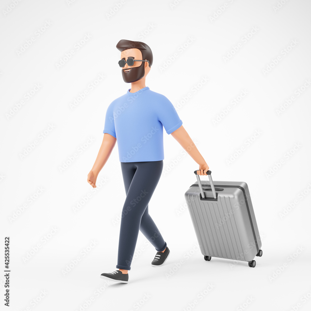 Handsome cartoon beard character man in blue t-shirt and sunglasses walk with silver suitcase over white background. Handsome cartoon beard character man in blue t-shirt and sunglasses walk with silver suitcase over white background.