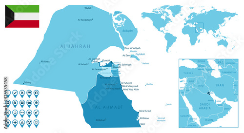 Kuwait detailed administrative blue map with country flag and location on the world map. Vector illustration
