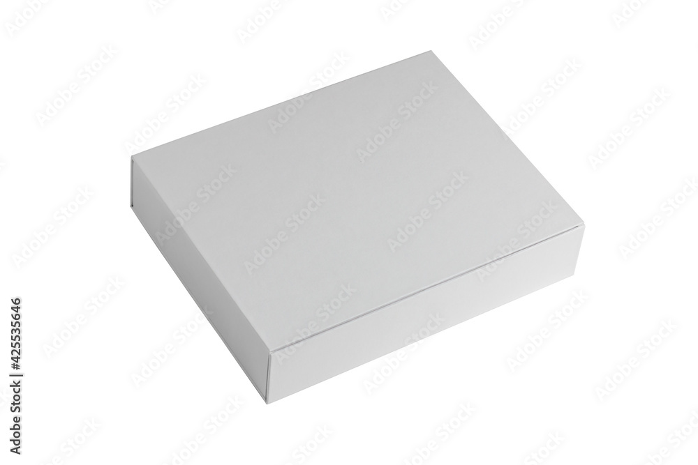 Small flat gray rectangular closed cardboard box isolated on white background Small flat gray rectangular closed cardboard box isolated on white background