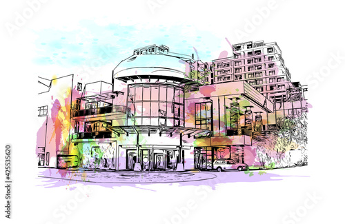 Building view with landmark of East London is the 
city in South Africa. Watercolour splash with hand drawn sketch illustration in vector.