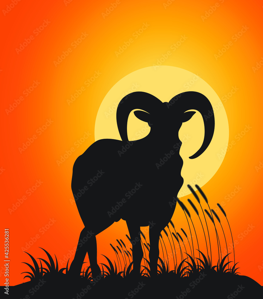 Ram Silhouette vector with sunset 