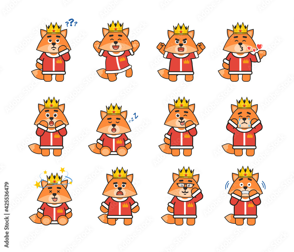 Fox king characters set showing various emotions, facial expressions. Modern vector illustration Fox king characters set showing various emotions, facial expressions. Modern vector illustration