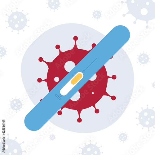 Coronavirus cell, mask, antiseptic, syringe, pulse oximeter. Stop covid-19.