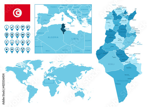 Tunisia detailed administrative blue map with country flag and location on the world map. Vector illustration