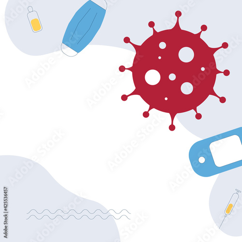Coronavirus cell, mask, antiseptic, syringe, pulse oximeter. Stop covid-19.