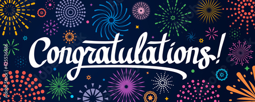 beautiful handwritten greeting lettering Congratulations on decoration, fireworks.