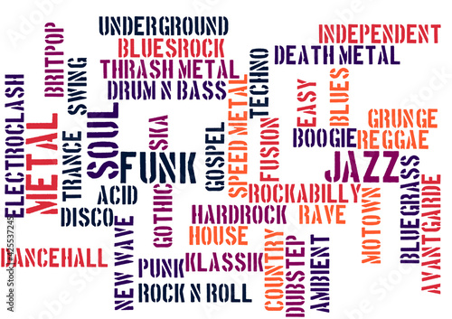 word cloud with lot of music genres photo