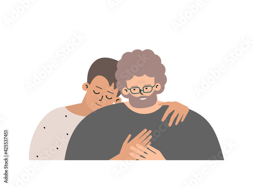 Vector isolated flat portrait. Close relations of son and mature father.  Caucasian teenager hugs his daddy. Two generations show love and affinity between members of family. Cute boy trusts his dad