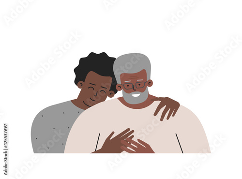 Vector isolated portrait. Son and happy senior dad spend day together. Teenager hugs his father. Two generations show  close relations, love and affinity in African American family. Boy trusts daddy