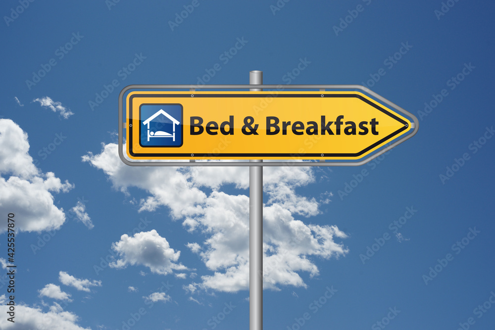 Bed and Breakfast overnight apartment on signpost with bed and breakfast icon Bed and Breakfast overnight apartment on signpost with bed and breakfast icon