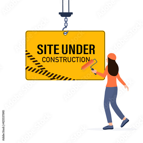 Flat under construction with people for web site design. Minimal design. Technology concept. Flat business template.