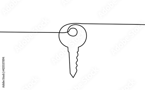 One line seller house door keys. Building quarter residential complex. Hand drawn sketch continuous line. Sell own family customer life business concept vector illustration
