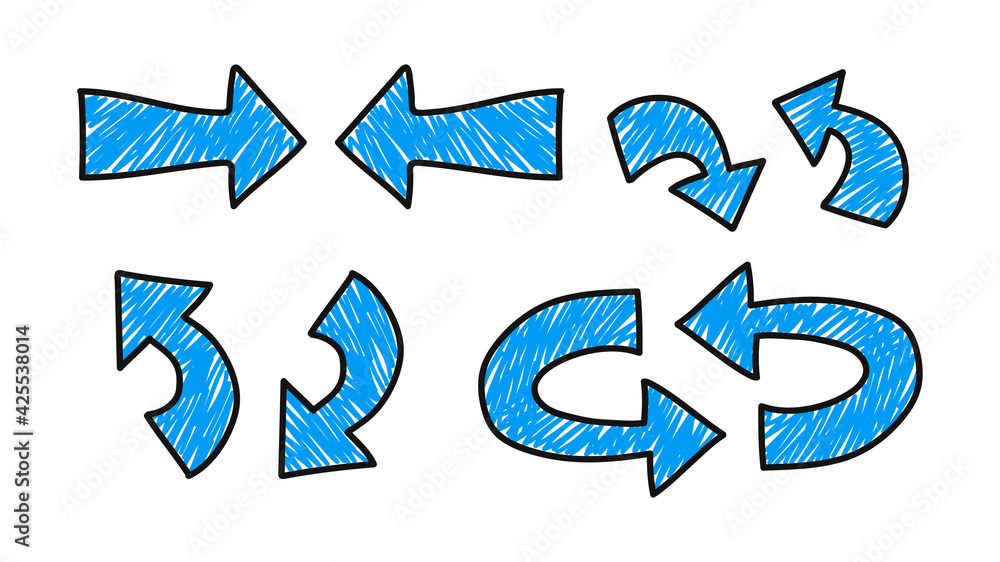 Set of arrows of blue color drawn by hand isolated on a white ...