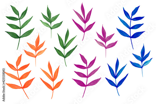Set of leaves painted in bright colors isolated on a white background. Watercolor illustration. Realistic style. For the design of postcards  packing.