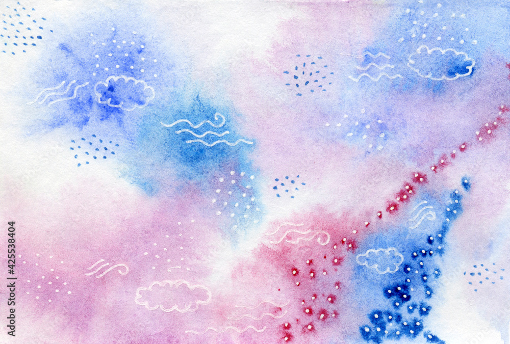 Fototapeta premium Abstract hand drawn watercolor background in blue and pink colors with drawing by the white gel pen clouds and lines. Perfect for cards, poster