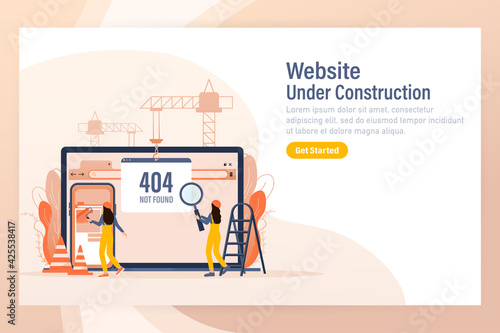 Flat under construction with people for web site design. Minimal design. Technology concept. Flat business template.