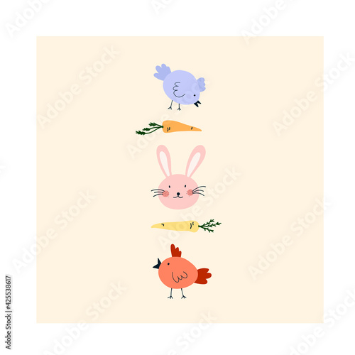 Cute hand drawn happy Easter card with rabbit face, chickens, carrots. Cozy hygge scandinavian style template for postcard,  greeting card, t shirt design. Vector illustration in flat cartoon style