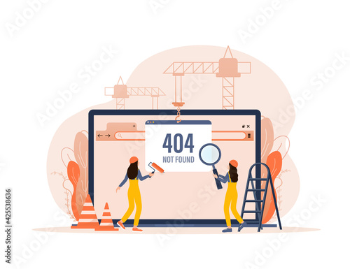 Flat under construction with people for web site design. Minimal design. Technology concept. Flat business template.