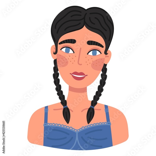 Portrait of cute happy young woman. Avatar of smiling brunette with pigtail girl. Flat cartoon vector illustration.