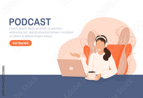 Live webcast in flat style with people. Listen to podcast. Flat illustration. Vector illustration.