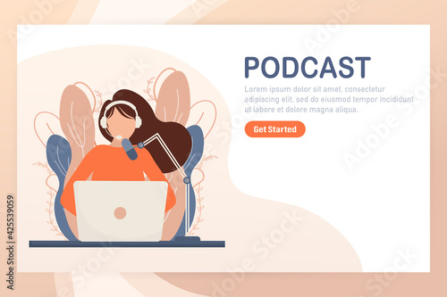 Live webcast in flat style with people. Listen to podcast. Flat illustration. Vector illustration.