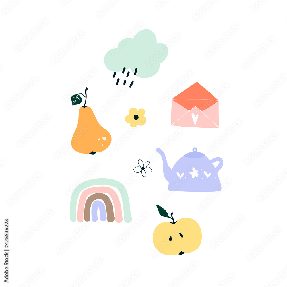 Cute hand drawn spring pear, rainbow, apple, rainy cloud, teapot, envelope. Cozy hygge scandinavian template for postcard, greeting card, t shirt design. Vector illustration in flat cartoon style Cute hand drawn spring pear, rainbow, apple, rainy cloud, teapot, envelope. Cozy hygge scandinavian template for postcard, greeting card, t shirt design. Vector illustration in flat cartoon style