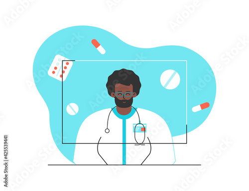 Vector isolated flat concept. Online consultation and distant diagnostic by African American physician. Video call on computer. Medical icons. Internet service for doctor. Man helps choose of drugs