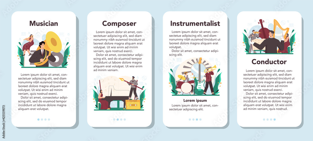 Professional musician playing musical instruments mobile application banner