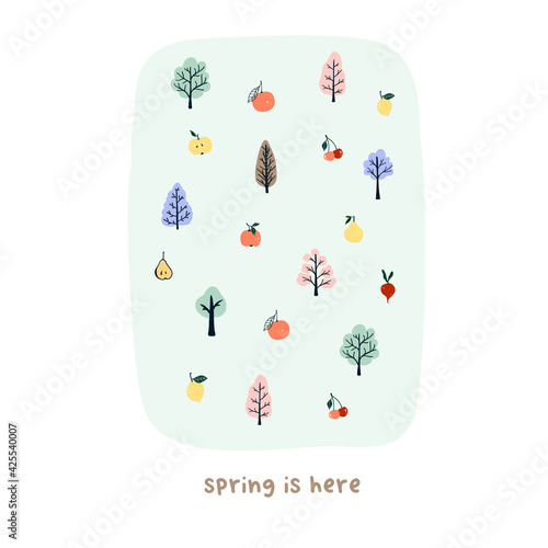 Cute hand drawn tiny spring trees and fruits. Cozy hygge scandinavian style template for postcard, poster, greeting card, kids t shirt design. Vector illustration in flat cartoon style