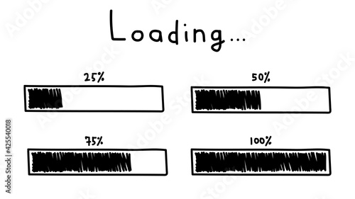 Set of hand drawn loading icons isolated on white background. Doodle style. Loading progress indicator. Vector illustration