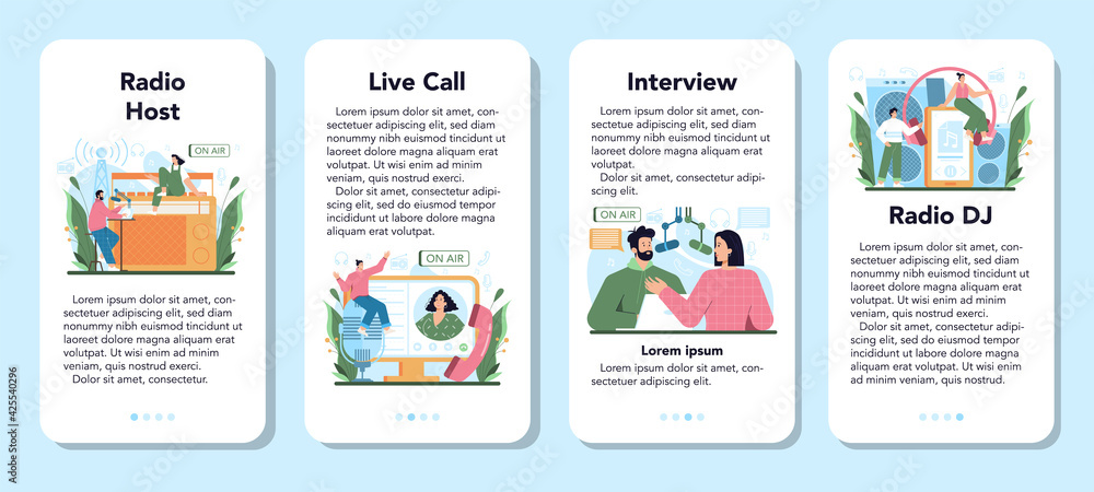 Radio host mobile application banner set. Idea of news broadcast in the studio Radio host mobile application banner set. Idea of news broadcast in the studio