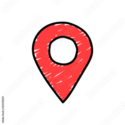 Hand drawn geolocation icon isolated on white background. Doodle style. Position and GPS navigation concept. Vector illustration