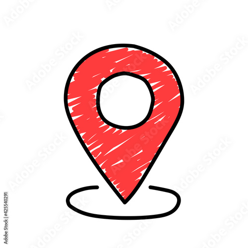 Hand drawn geolocation icon isolated on white background. Doodle style. Position and GPS navigation concept. Vector illustration