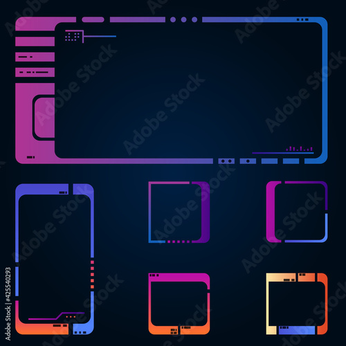 Set of frames for images or icons. Modern style gradient colors UI. Retro, 80s style future interface elements. Old sci-fi style panel screen elements. Space ship or futuristic device UI. 