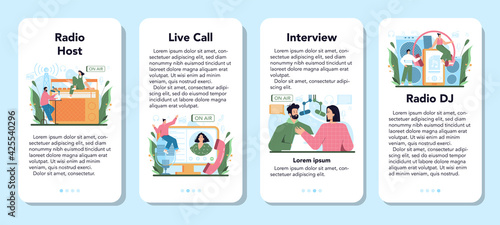 Radio host mobile application banner set. Idea of news broadcast in the studio