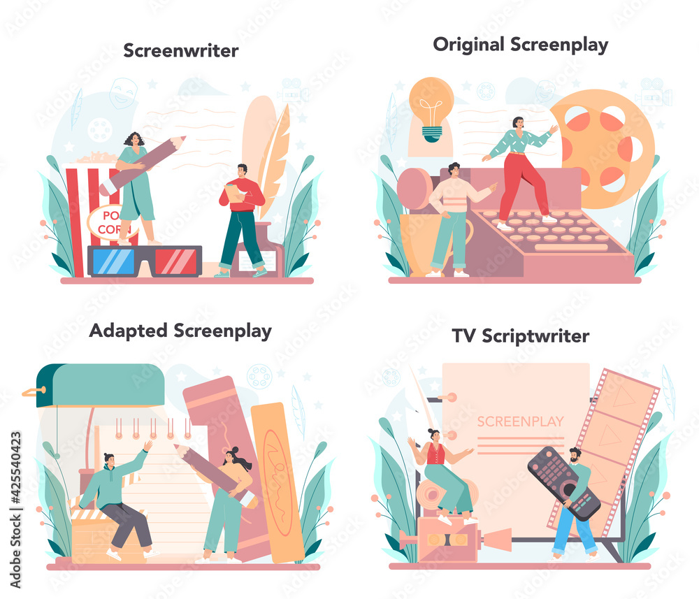 Screenwriter concept set. Person create a screenplay for movie.