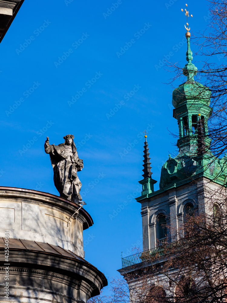 Fototapeta premium Lviv, Ukraine - April, 2021: Kornyakt Tower is an architectural monument of national importance, part of the ensemble of the Assumption Church.