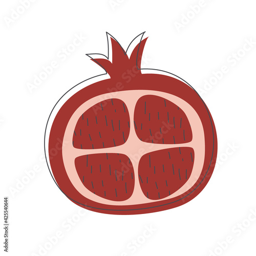 Red garnet with the grains inside is cut. Vegetarian organic natural food. Fashionable modern flat colorful collection. Vector illustration in a flat linear style. Juicy pomegranate fruit.