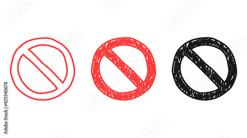 Set of hand-drawn prohibition signs isolated on white background. Doodle style. Vector illustration